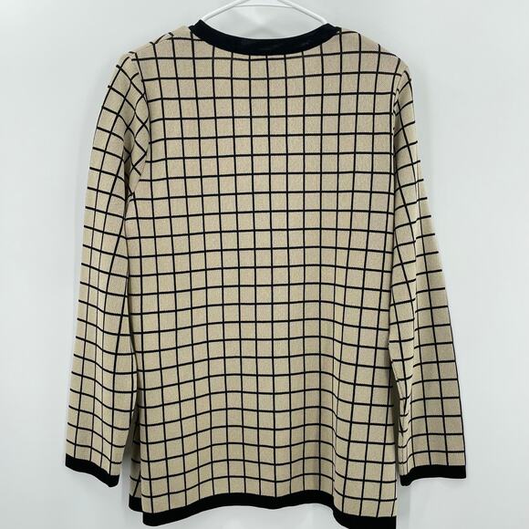 Misook Women's Cardigan Sweater, Sz. L Neutral Preppy Minimalist Windowpane - Picture 3 of 8